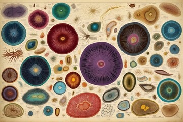 Poster - Close-up of multicolored bacteria under a microscope, macro photos of microorganisms.