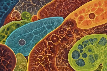 Poster - Close-up of multicolored bacteria under a microscope, macro photos of microorganisms. Biology, microbiology, biotechnology, genetics, zoo hygiene concepts.