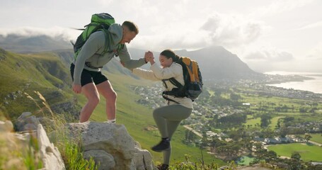 Wall Mural - couple of friends, help and mountain or rock climbing for adventure, travel and fitness support with