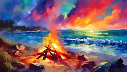 Wall Mural - a dreamy and vibrant digital artwork illustrating a coastal bonfire scene at twilight, with the skies painted in rich, expressive colors and the bonfire casting a warm, inviting glow.