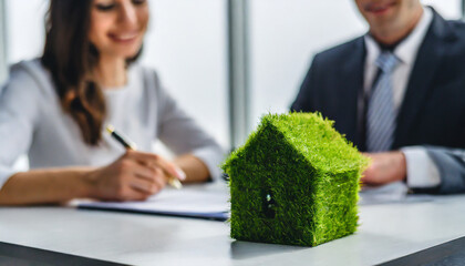 A small living eco-friendly green house on a table in a real estate agency