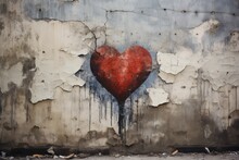 A Red Heart Graffiti Painted On A Old Concrete Wall On The Street. Valentines Day Postcards Concept