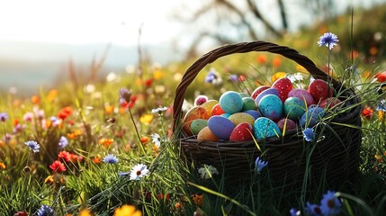 Basket with painted easter eggs. Easter basket on spring field. Colourful easter eggs in a basket.