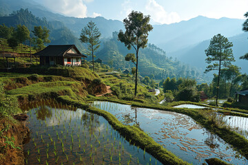 Wall Mural - rural landscape with rice fields on mountain slopes