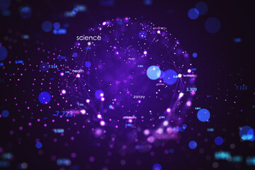 Poster - Digital network sphere with science and data nodes. Big data and connectivity concept. 3D Rendering