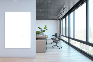 Aufkleber - Modern concrete and wooden office interior with empty white mock up frame, furniture and daylight, window and city view. 3D Rendering.