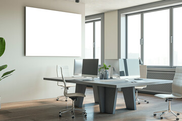 Poster - Modern concrete and wooden office interior with empty white mock up poster, furniture and daylight, window and city view. 3D Rendering.