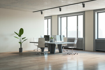 Poster - bright office interior with wooden flooring, furniture and daylight, window and city view. 3d render