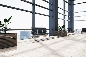 Poster - Contemporary airport waiting area interior with wooden flooring, panoramic windows and city view, chairs and plants. 3D Rendering.