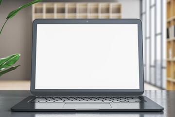 Aufkleber - Contemporary designer office desk with empty white mock up laptop screen and other items on blurry office background. 3D Rendering.