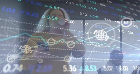 Poster - Animation of financial data processing over caucasian businesswoman using smartphone