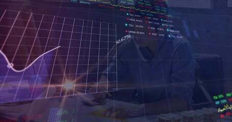 Poster - Animation of financial data processing over asian businessman at desk in office