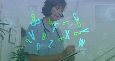 Poster - Animation of financial data processing over caucasian female doctor