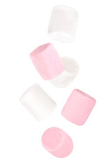 Wall Mural - Levitation of white and pink marshmallows isolated on a transparent background.