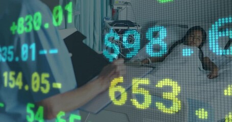 Poster - Animation of financial data processing over caucasian female doctor