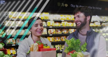 Poster - Animation of financial data processing over caucasian couple grocery shopping