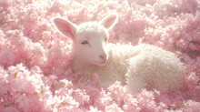  A Young Lamb Lies Cozily Among Pink Blossoms Under A Soft Glow
