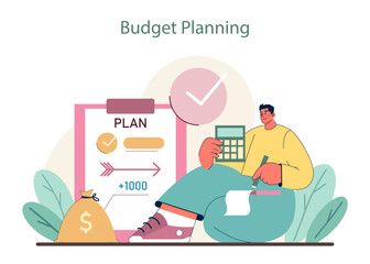 Sticker - Budget Planning concept. Illustrating financial foresight with calculative saving and expenditure tracking. Blueprint for monetary success. Flat vector illustration.