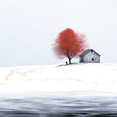 Canvas Print - The house stands next to a red tree on the shore of a lake
