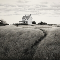 Canvas Print - Drawing of a small lonely house standing on the shore on an island
