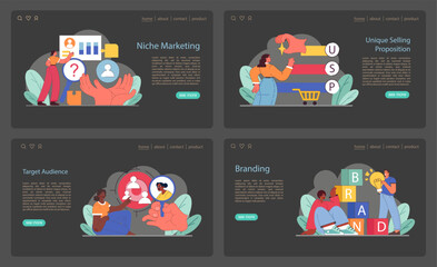 Poster - Digital marketing strategy set displayed on a website interface. Illustrates niche marketing, unique selling propositions, target audience analysis, and brand development. Flat vector illustration.