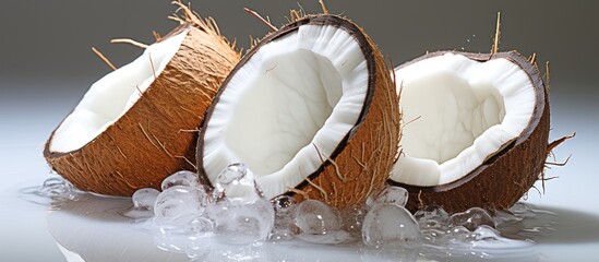 Sticker - half coconut fruit with water drops isolated white background