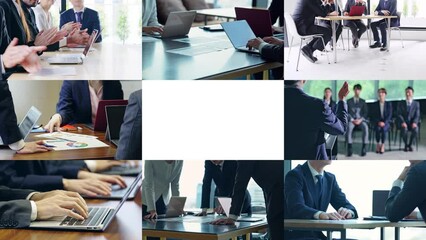 Poster - Collage of various business scene scenes. Expansion, Reduction transition from white background.