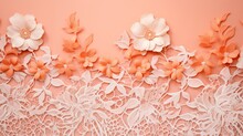 Peach Fuzz Abstract Background With Openwork Lacy Fabric Texture, Decorated With Flowers