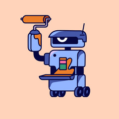 Aufkleber - Robot with paint roller repairs, painting wall. Bot artist drawing artwork. Cyborg painter, AI designer create digital interface, UI design. Web reconstruction. Flat isolated vector illustration