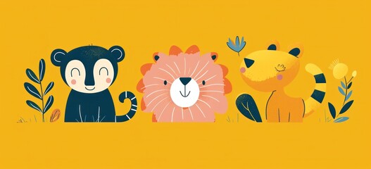 Wall Mural - Illustration of cute jungle animals on yellow background. Child-friendly art.