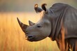 rhino with oxpeckers in golden hour light