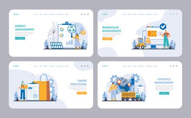 Poster - Logistics and Inventory Management web or landing page set. A comprehensive suite of operational tools for energy, warehouse, order, and logistics management. Flat vector illustration.