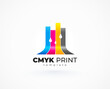 Cmyk print logo. Ribbon lines stripes and drops ink. Template design vector.
