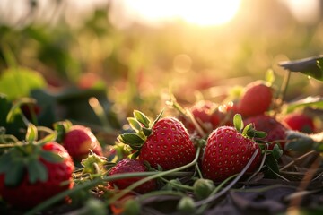 Poster - ripe strawberries glowing in the warmth of sunrise, highlighting the freshness of the farm produce