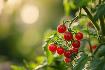 Poster - Cherry tomatoes ripening on the vine, bathed in soft sunlight amidst green foliage