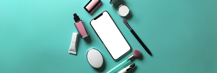 top view of a mobile phone and cosmetic products for beauty shopping app concept