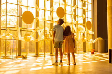Wall Mural - Little boy and girl standing together and looking at the installation in the science museum. Concept of children's entertainment and learning