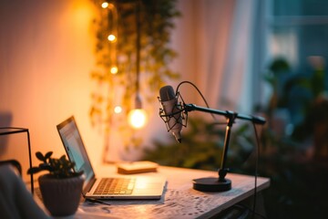 Aufkleber - podcast setup with microphone in a cozy room lit by warm ambient lights and surrounded by plants