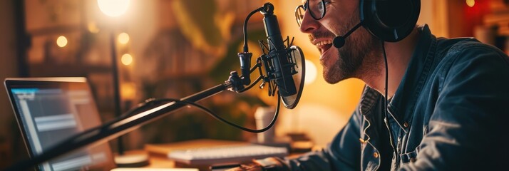 Aufkleber - Joyful podcaster in a home studio setup, speaking into microphone, warm ambient lighting