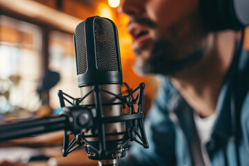 Poster - Male podcaster speaking into professional microphone, home studio with lighting and casual attire