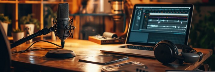 Poster - home podcasting scene with microphone, laptop displaying audio software, and cozy indoor lighting