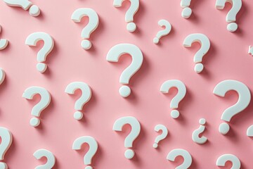 Poster - Multiple white question marks scattered on pink background, confusion, inquiry, decision-making