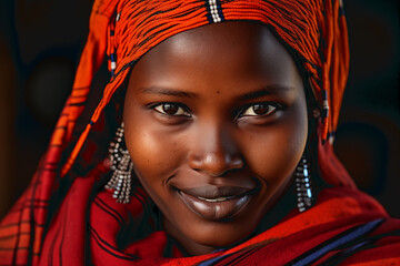 closeup of an african masai woman dressed in red plaid dress