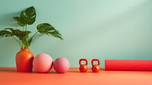 A Contemporary Home Workout Scene With Fitness Balls, Kettlebells, A Yoga Mat, And Decorative Plants Against A Two-tone Wall.
