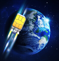 Wall Mural - fast internet connection. sim card rocket flying around planet in space