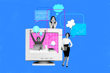 Photo collage illustration businesspeople happy man agent broker lady huge pc monitor social network communication blue background