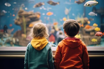 Wall Mural - children watching fish at an aquarium