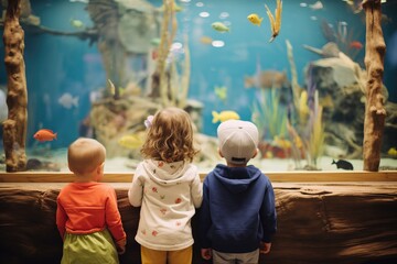 Wall Mural - children watching fish at an aquarium