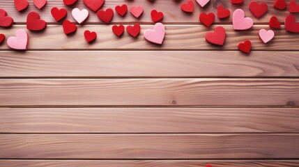 Poster - Red hearts on wooden background, vector illustration. Generative AI