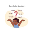 Open-ended questions concept. Inquisitive boy surrounded by queries who, what, and why, showing curiosity and critical thinking. Deep conversations and better understanding. Flat vector illustration